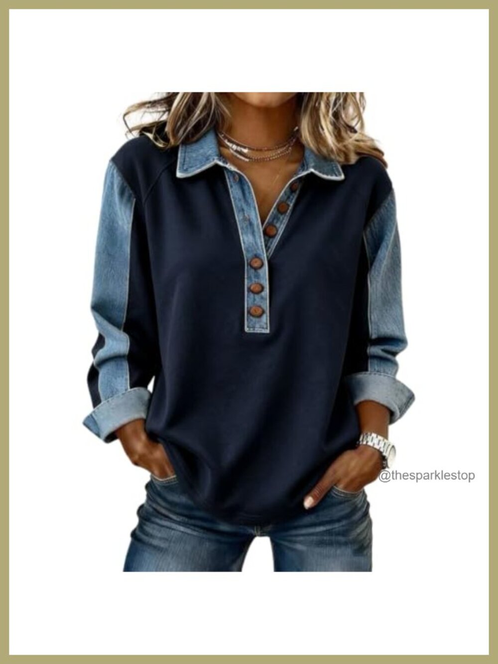 Womens Oversized Denim Cotton Sweatshirt Quarter Button Pullover
